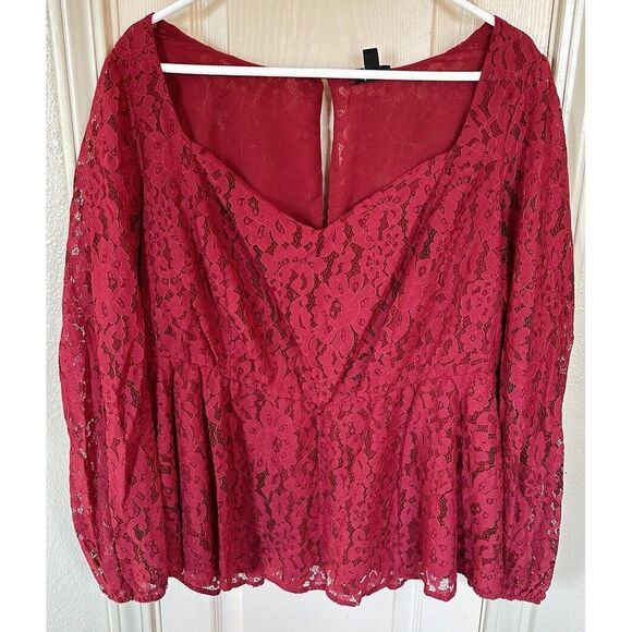 torrid Tops - NWT Torrid Womens Size 1 Red Puff Long Sleeve V-neck Lace Blouse